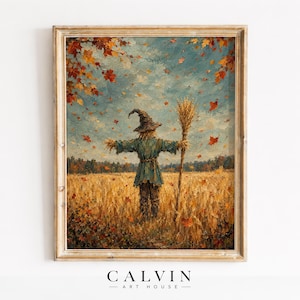 Vintage scarecrow painting wall art for hallway — textured brushwork depicting harvest season with swirling crimson leaves