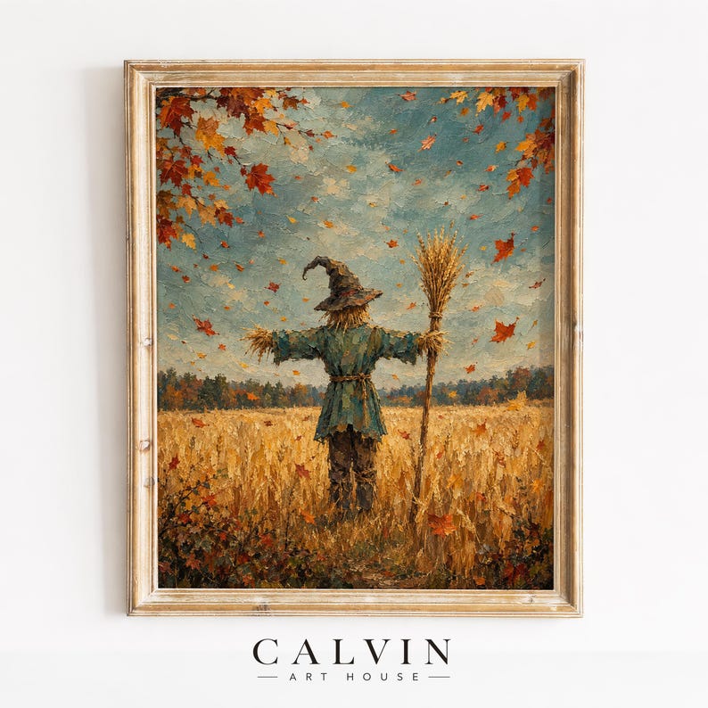 Vintage scarecrow painting wall art for hallway — textured brushwork depicting harvest season with swirling crimson leaves