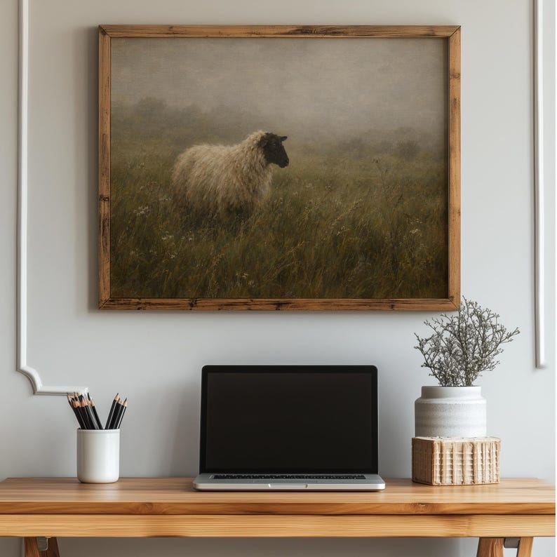 Sheep portrait printable wall art for study — moody pastoral landscape with textured brushwork