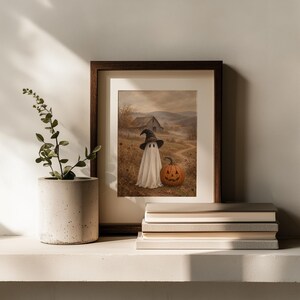 Vintage farmhouse ghost painting digital print for hallway — soft brushwork with muted autumn color scheme
