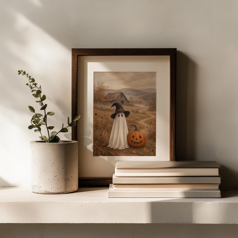 Vintage farmhouse ghost painting digital print for hallway — soft brushwork with muted autumn color scheme
