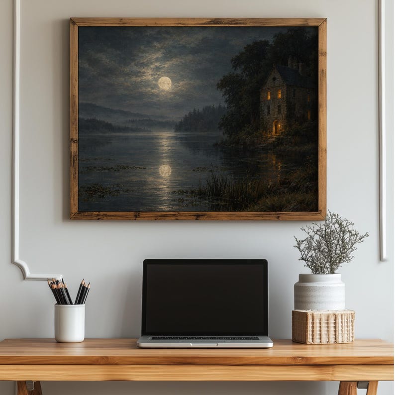 Gothic manor landscape wall art featuring moonlight on still water and reeds along the shore