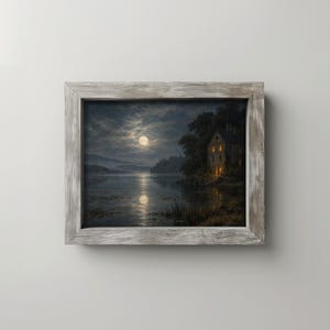 Enchanted manor house at night poster — moonlit water scene with theatrical atmosphere and deep jewel tones
