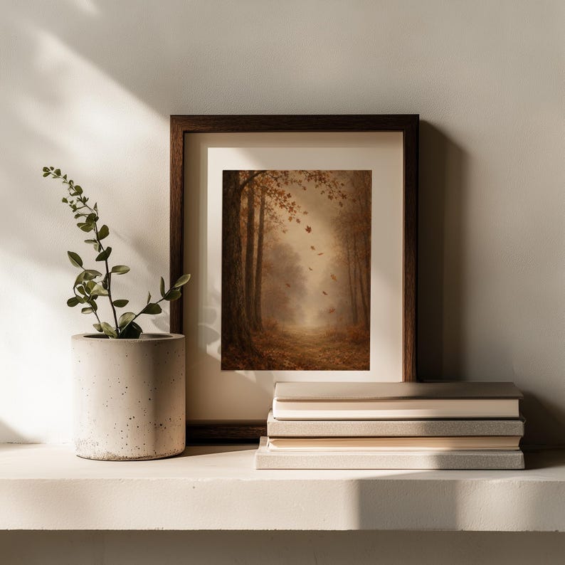 Falling leaves digital print — dreamlike forest scene with silhouetted trees and antique aesthetic