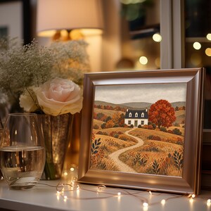 Quiet farmstead art printable wall decor for nursery — white house with golden fields and autumn aesthetic