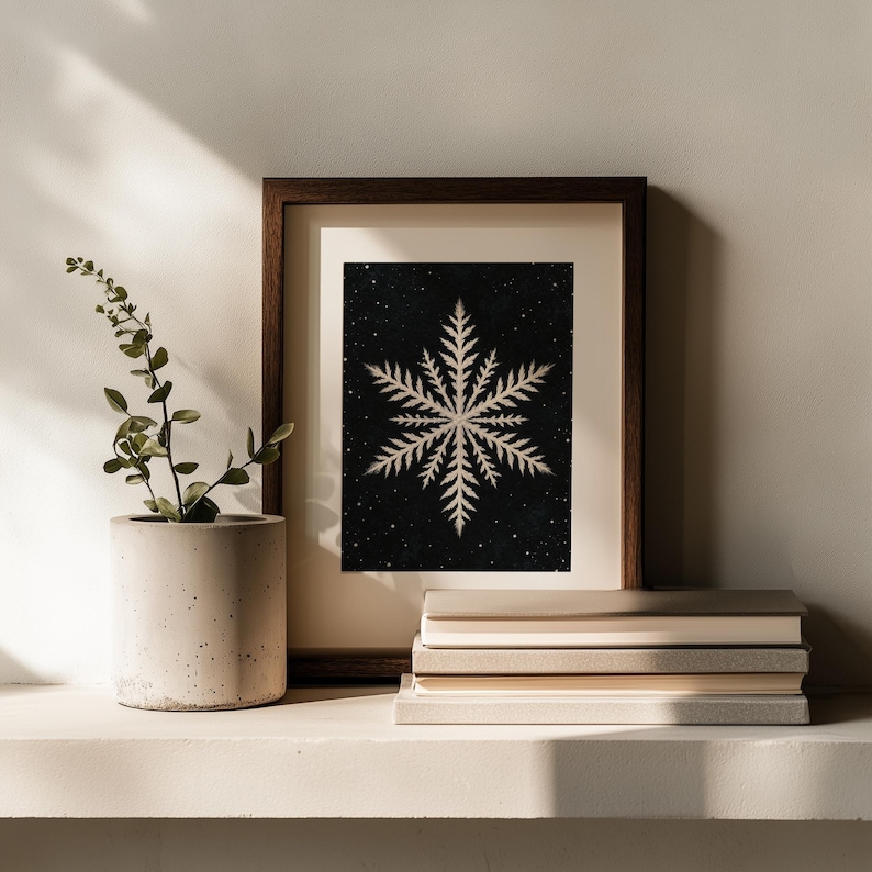 Elegant snowflake illustration printable design — detailed feathery crystalline structure with sophisticated dark vintage ambiance