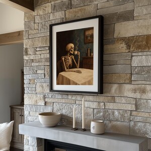 Skeleton sipping hot drink printable art for home bar — Halloween wall decor with rich muted tones