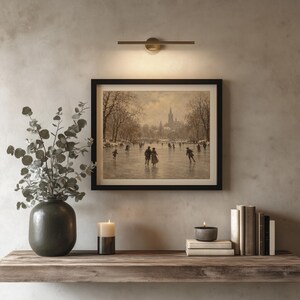 Muted winter painting wall decor printable — soft-toned ice skating tableau with European aesthetic appeal