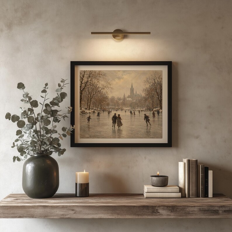 Muted winter painting wall decor printable — soft-toned ice skating tableau with European aesthetic appeal