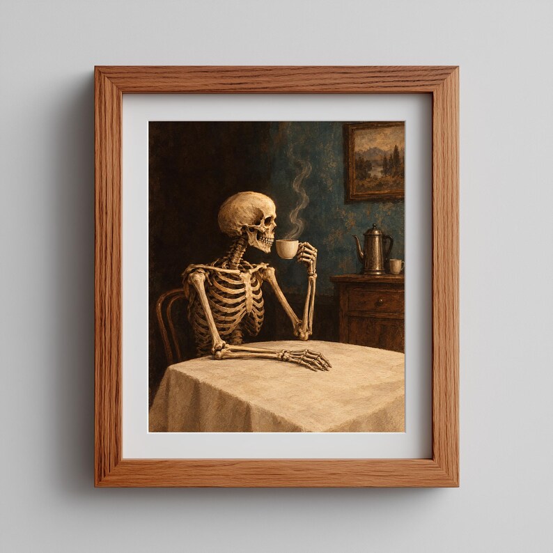 Skeleton enjoying drink poster for library — vintage oil painting style with dark dramatic mood