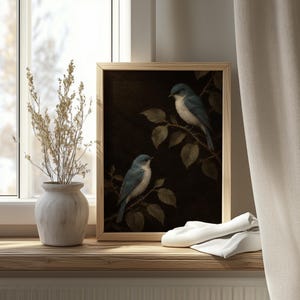 Twin birds on twigs wall art instant download — deep moody backdrop with old-world illustration feel