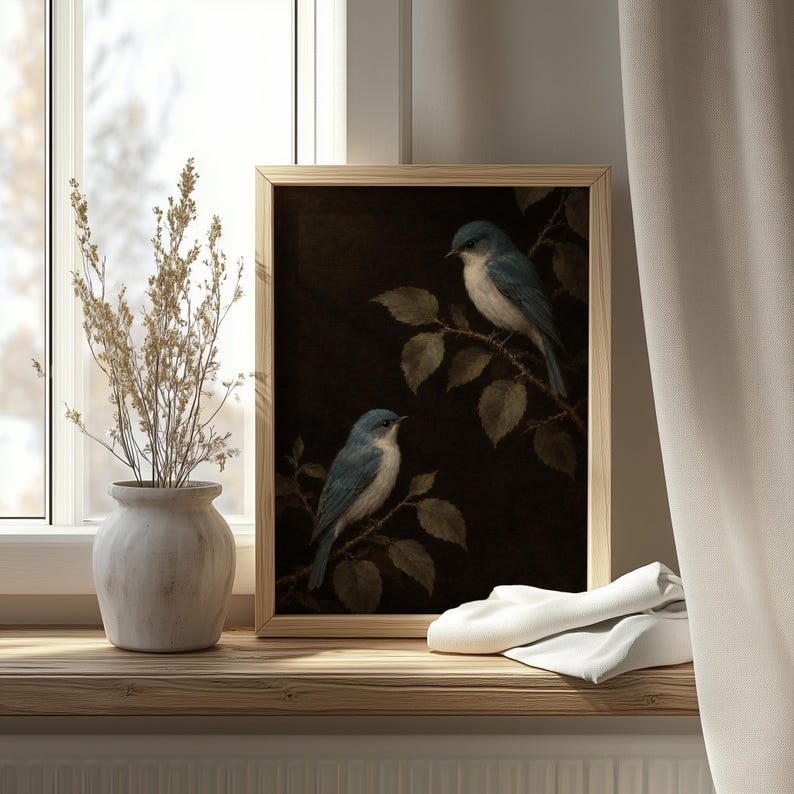 Twin birds on twigs wall art instant download — deep moody backdrop with old-world illustration feel
