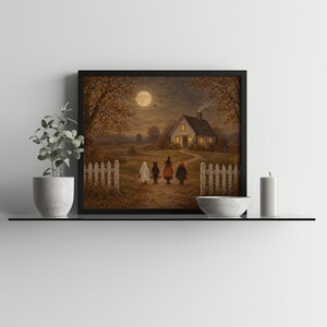 Halloween children walking hand-in-hand printable wall art — cottagecore folk painting with golden seasonal foliage
