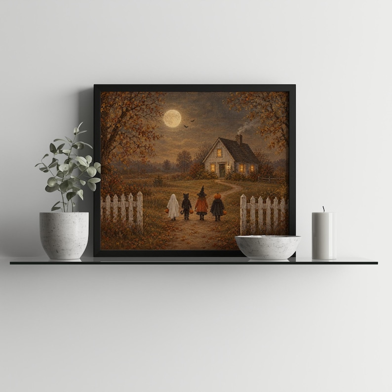 Halloween children walking hand-in-hand printable wall art — cottagecore folk painting with golden seasonal foliage
