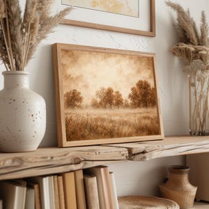 Rustic harvest landscape wall art for farmhouse — soft amber hues with drifting mist and wildflowers