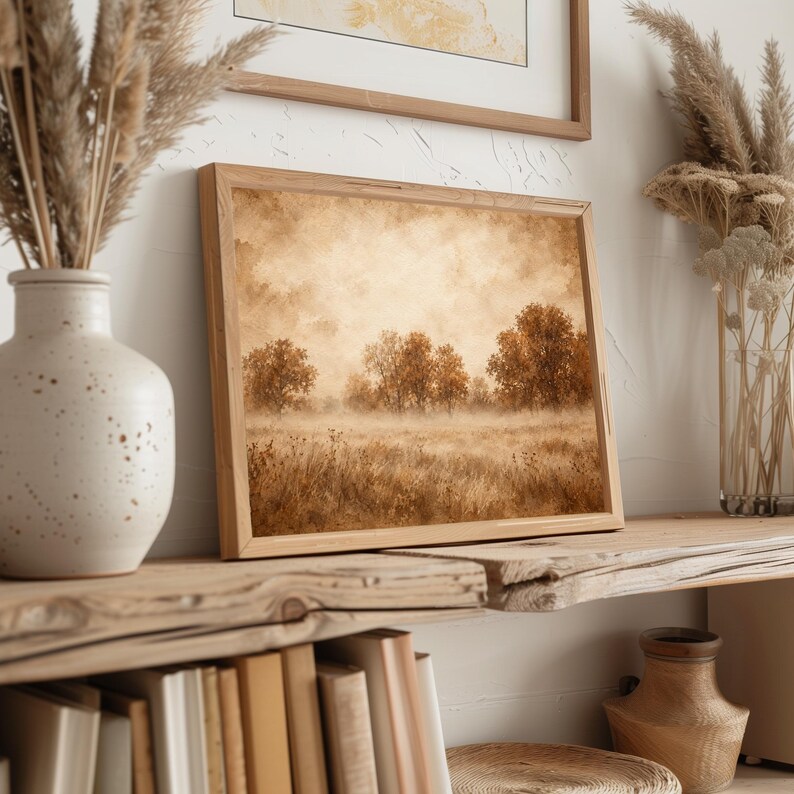 Rustic harvest landscape wall art for farmhouse — soft amber hues with drifting mist and wildflowers