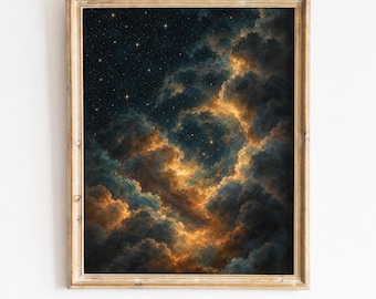 Vintage Starry Night Sky Print, Cosmic Nebula Printable Wall Art (Digital Download)