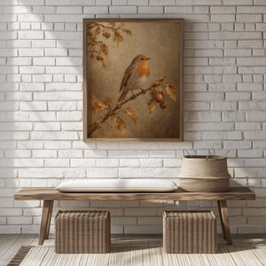 Autumn robin picture for living space — vintage cottagecore wall print with soft background