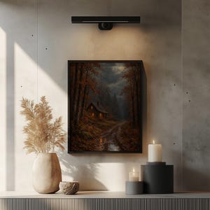 Rustic forest lodge painting for den — vintage color palette with golden brown foliage and intimate lighting
