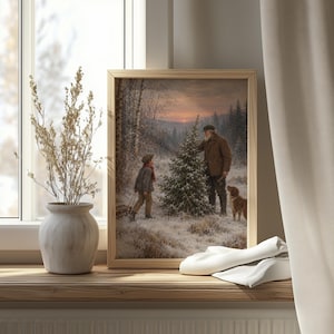 Christmas tree hunt digital art for farmhouse — warm golden sunset landscape with multigenerational family and rustic country charm