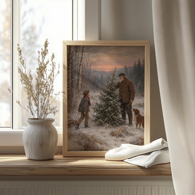 Christmas tree hunt digital art for farmhouse — warm golden sunset landscape with multigenerational family and rustic country charm