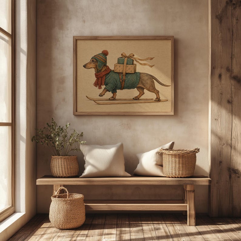 Holiday-themed sausage dog picture — festive character art with pompom hat and wrapped gift packages