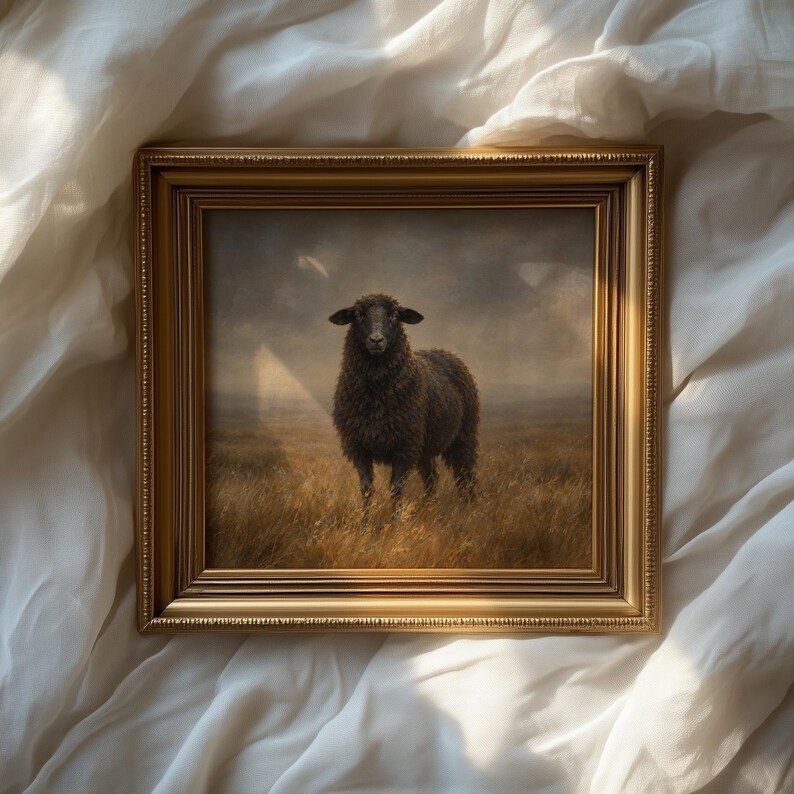 Standing sheep digital artwork for entryway — vintage cottagecore print with windswept grasses and countryside charm