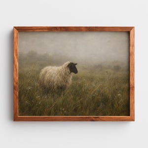 Peaceful sheep wall print — rustic pastoral scene with muted palette and foggy atmosphere