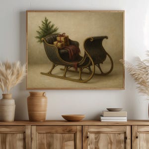 Antique sleigh scene picture digital download for gallery wall with cozy muted palette and timeless quality