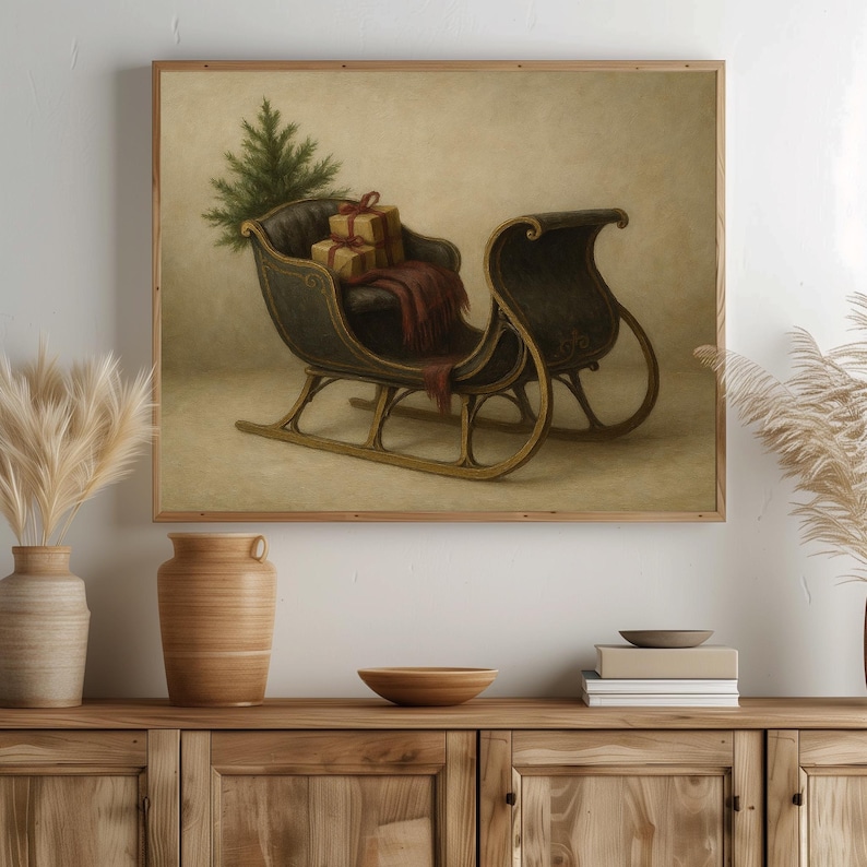 Antique sleigh scene picture digital download for gallery wall with cozy muted palette and timeless quality