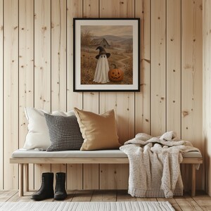 Rustic autumn ghost printable picture with carved gourd beside spectral figure on country path