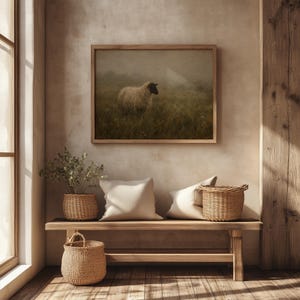 Rural sheep picture for bedroom — vintage-style pastoral art with gentle muted color palette