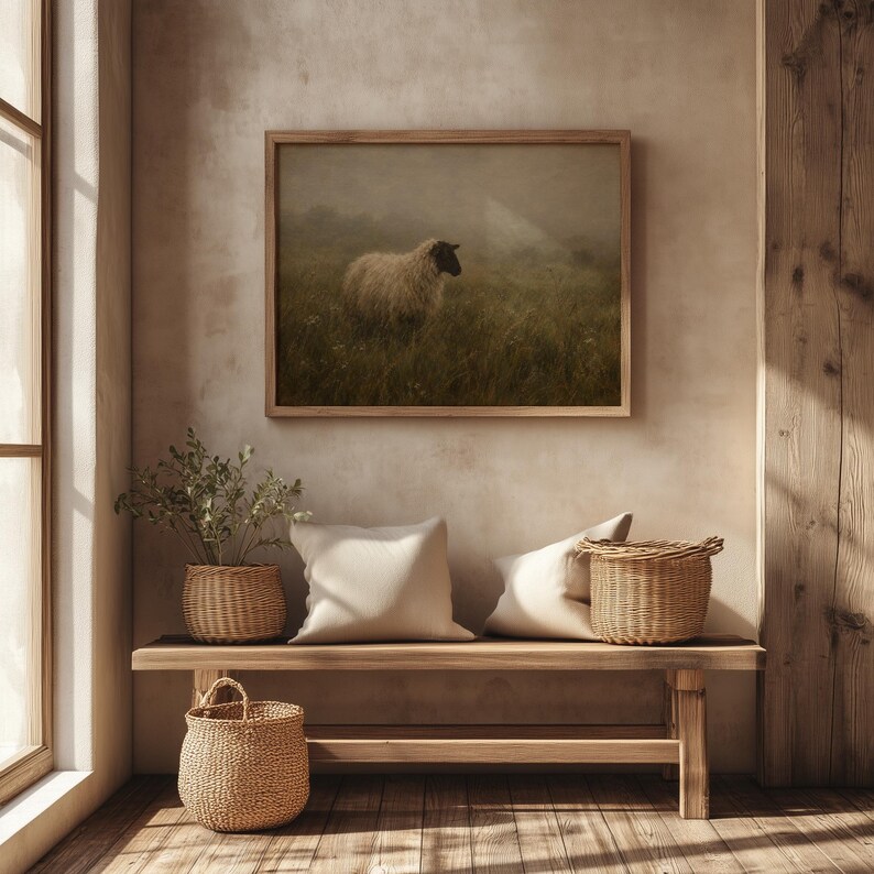 Rural sheep picture for bedroom — vintage-style pastoral art with gentle muted color palette