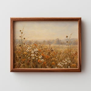 Meadow landscape picture digital download — vintage countryside with rust blooms, cream daisies, and peaceful mood