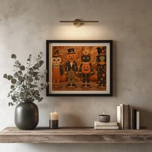 Jointed toy-style Halloween characters wall art for bedroom — hand-painted muted orange and black jack-o'-lantern designs