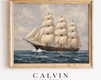 Vintage Tall Ship Painting, Antique Nautical Ocean Waves Printable Wall Art (Digital Download)