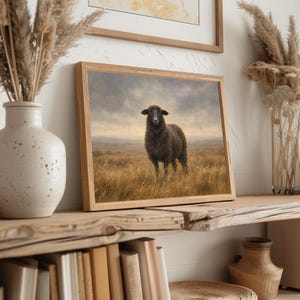 Peaceful sheep digital art for living room — French country vintage print with golden grasses and serene rural charm