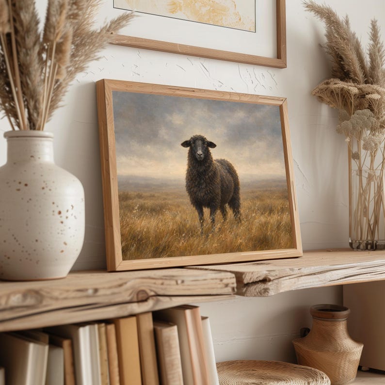 Peaceful sheep digital art for living room — French country vintage print with golden grasses and serene rural charm