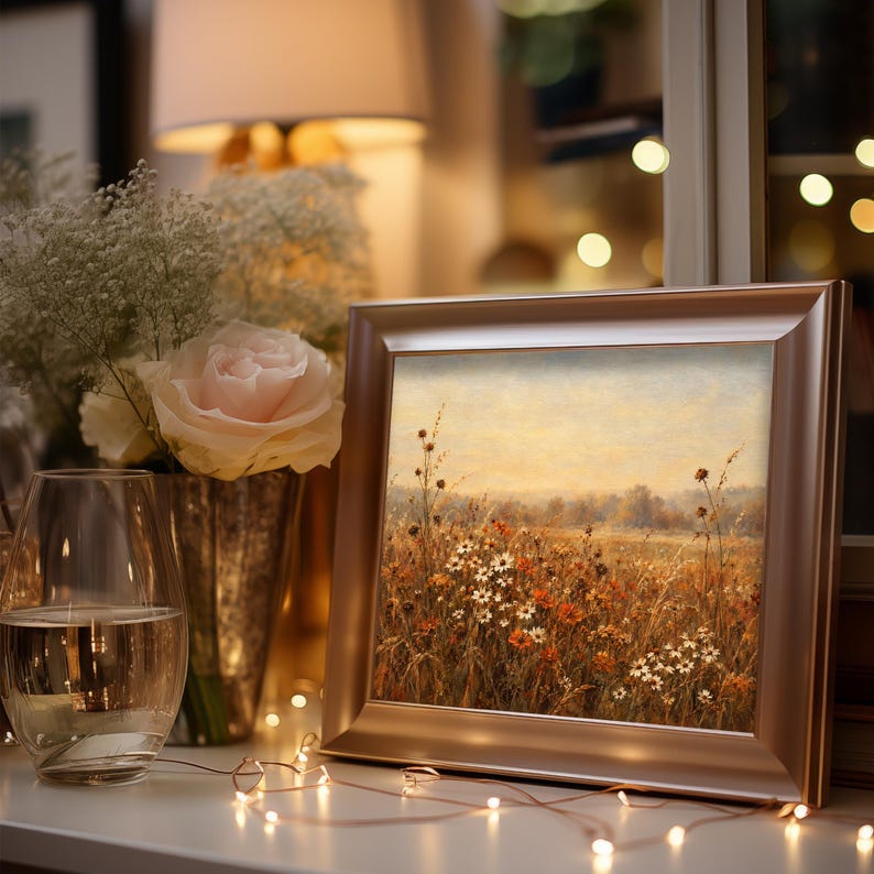 Rustic daisy painting digital art for bedroom — golden field with vintage charm and cozy autumn atmosphere