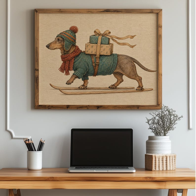 Christmas skier dog wall print for kids room — whimsical vintage illustration with soft colored pencil style