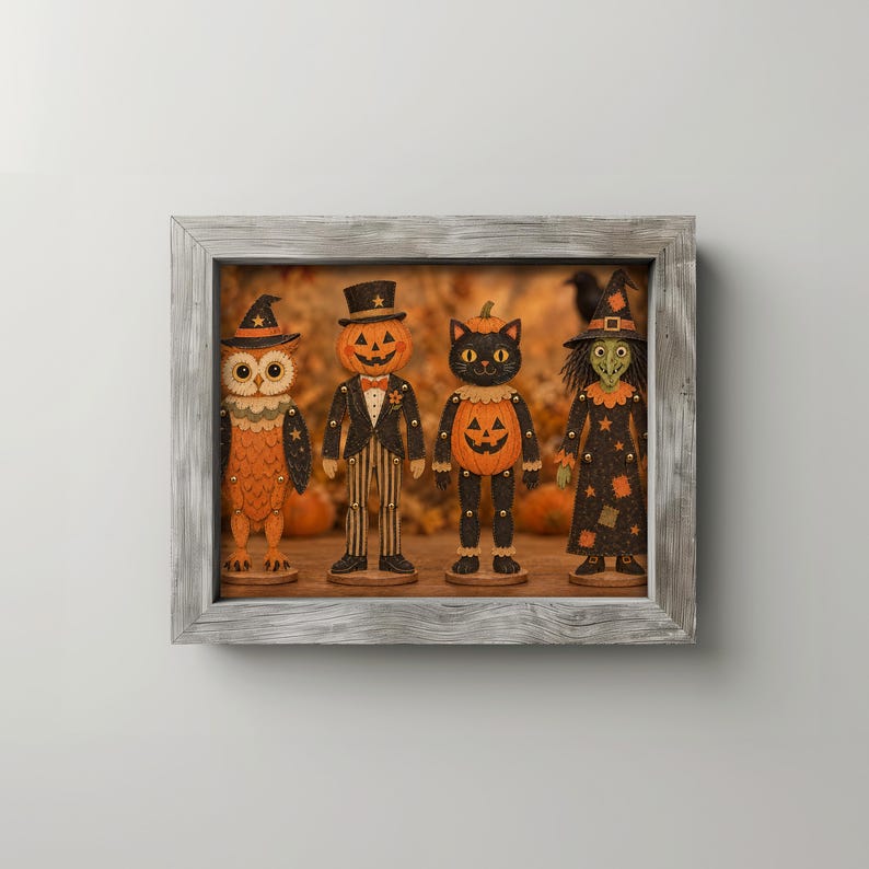 Collectible Halloween paper doll characters digital artwork — antique-style jointed construction in spooky-sweet design