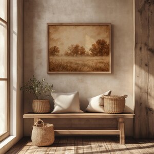 Nostalgic autumn meadow wall art printable — warm amber tones with misty farmland scenery