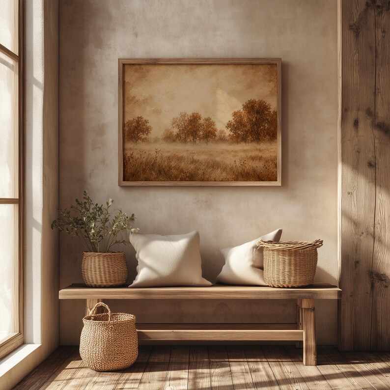Nostalgic autumn meadow wall art printable — warm amber tones with misty farmland scenery