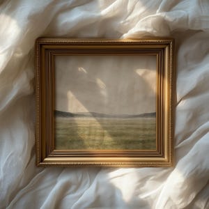 Peaceful rural field wall art for study — muted olive greens blending into pale gray