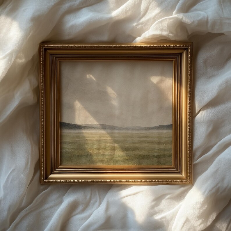 Peaceful rural field wall art for study — muted olive greens blending into pale gray