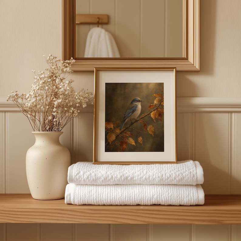 Vintage nature illustration — perched songbird with autumn foliage, moody dark background, printable wall art