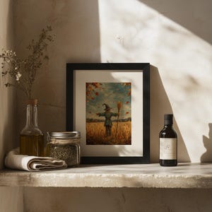Standing scarecrow printable picture for cottage interior — golden field painting with vintage aesthetic and cozy autumn mood