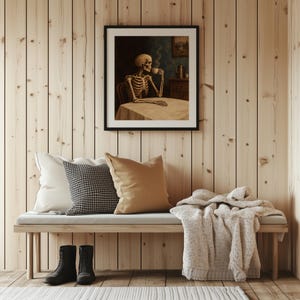 Skull person at draped table wall print for game room — spooky vintage aesthetic with old-world charm