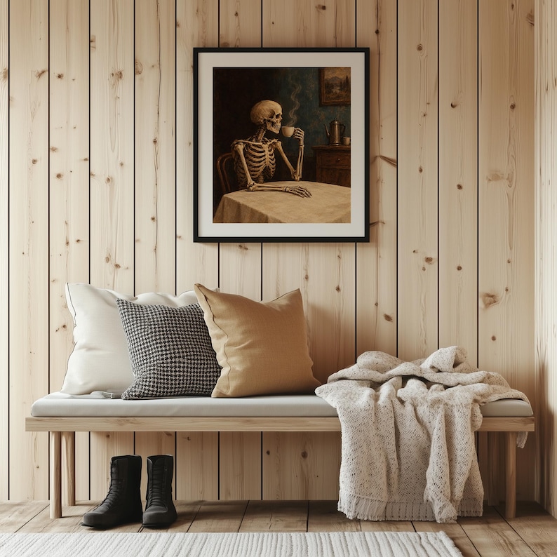 Skull person at draped table wall print for game room — spooky vintage aesthetic with old-world charm
