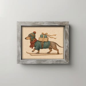 Long-haired dog in knit sweater and hat wall art — festive winter character with wrapped presents